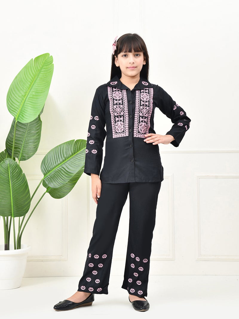 Bella Moda Black Embroidered Top & Pant Set for Girls